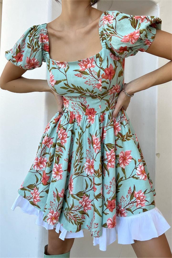 Floral Puff Sleeve Square Collar Mini Dress