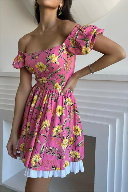 Floral Puff Sleeve Square Collar Mini Dress