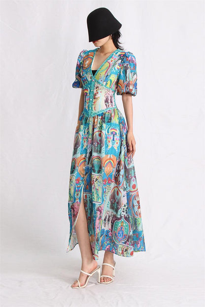Printed Puff Sleeve V-Neck Buckle Maxi Dress