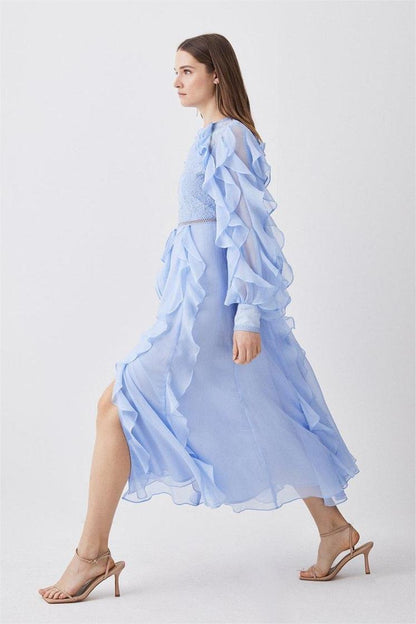 Lace Ruffle Lantern Sleeve Split Midi Dress