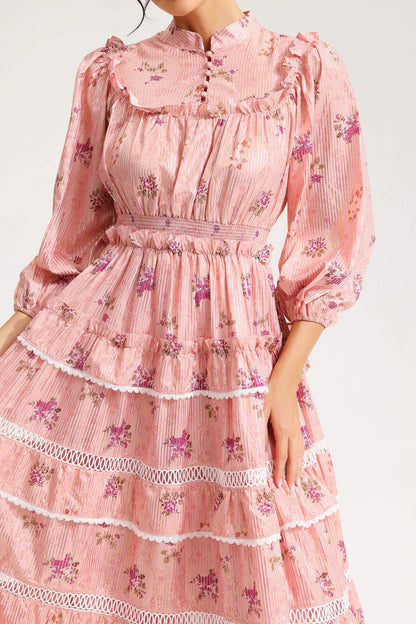 Floral Lantern Sleeve Buckle Midi Dress Pink