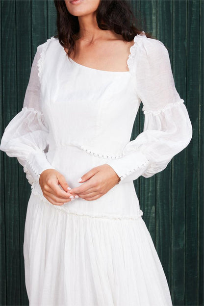 Lantern Sleeve Diagonal Collar Hollow Out Midi Dress