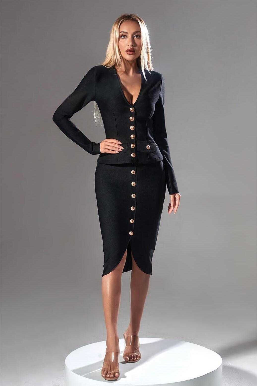 V-Neck Long Sleeve Single Breasted Blazer & Mid Waist Midi Skirt Set