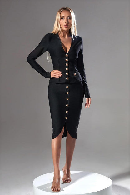 V-Neck Long Sleeve Single Breasted Blazer & Mid Waist Midi Skirt Set