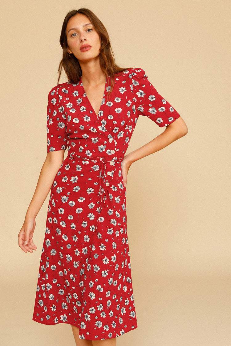 Floral V-Neck Mid Sleeve Midi Dress