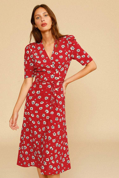 Floral V-Neck Mid Sleeve Midi Dress