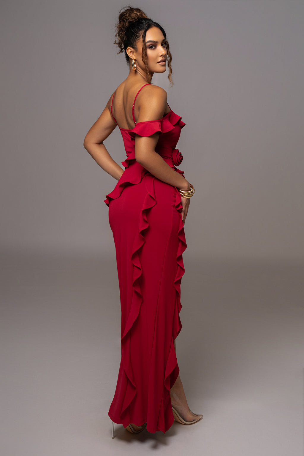 Solid Strapless 3D Floral Split Ruffle Maxi Dress