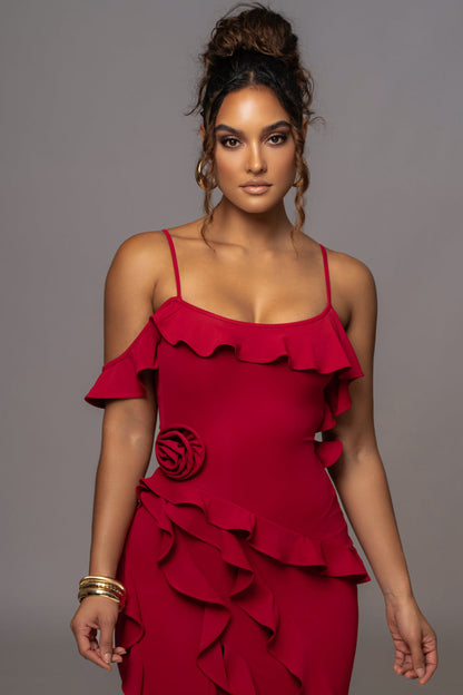 Solid Strapless 3D Floral Split Ruffle Maxi Dress