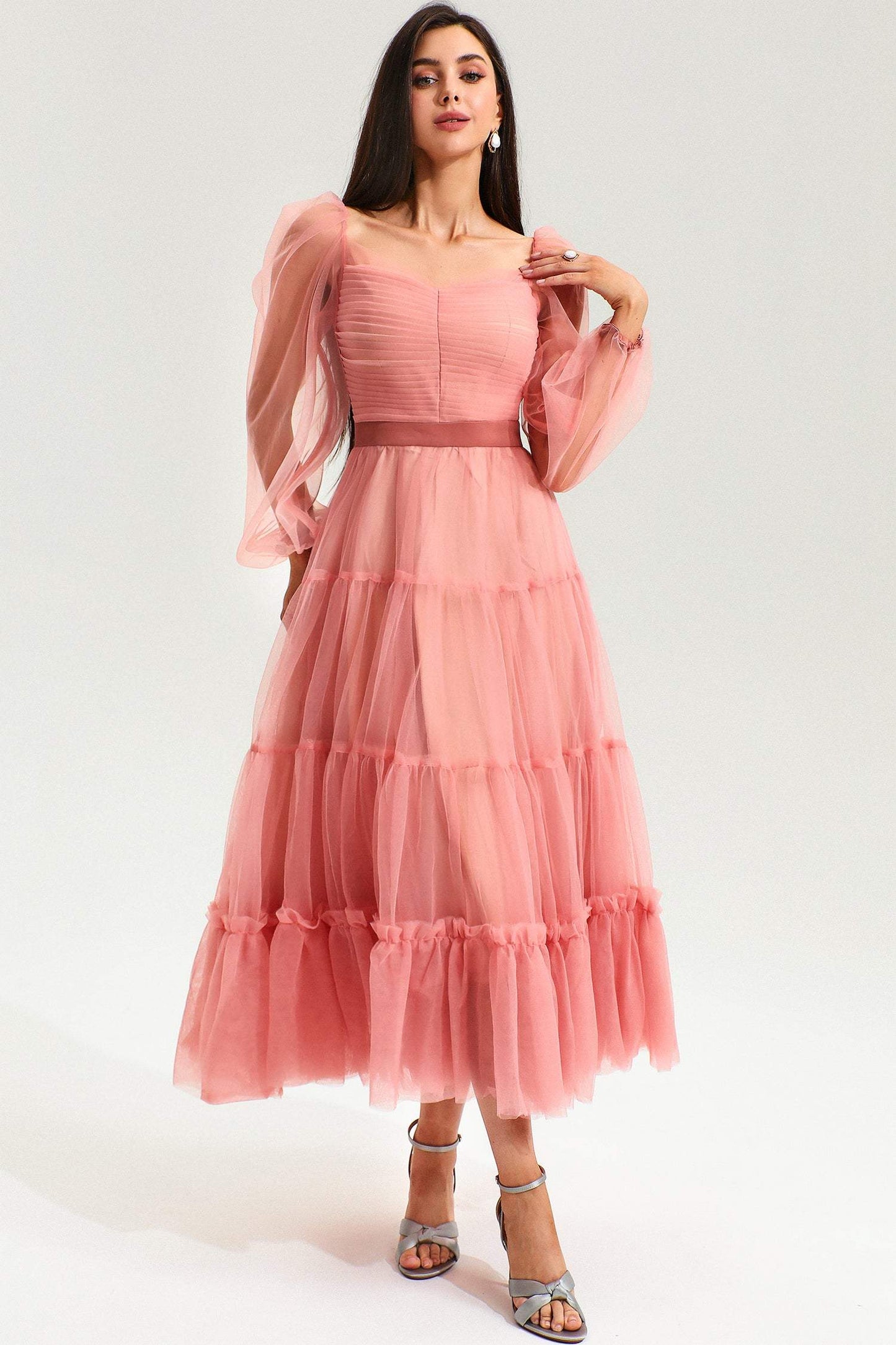 Square Collar Ruched Midi Dress