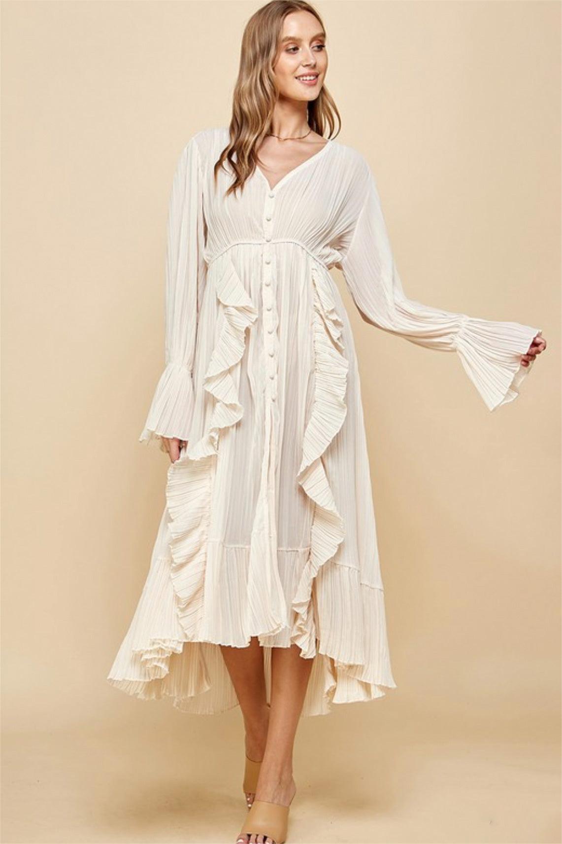 Solid Ruched Single Breasted Ruffle Midi Dress