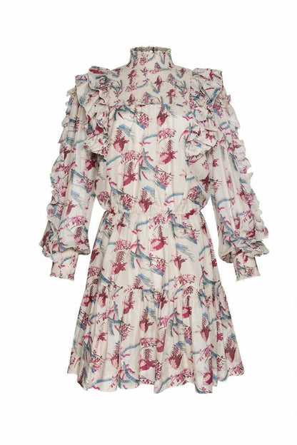 Floral Stand Collar Lantern Sleeve Mini Dress