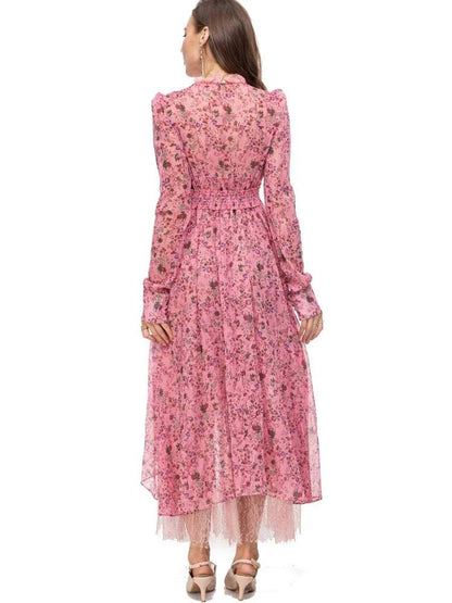 Floral Long Round Collar Lace Waist Midi Dress