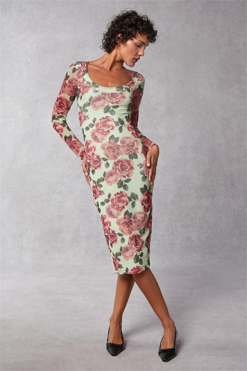 Floral Round Neck Long Sleeve Midi Dress