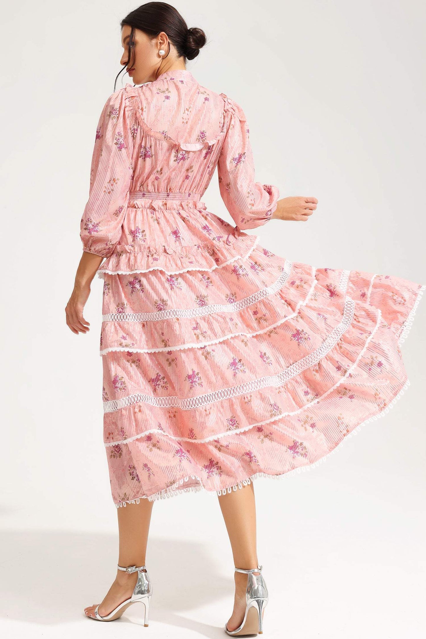 Floral Lantern Sleeve Buckle Midi Dress Pink
