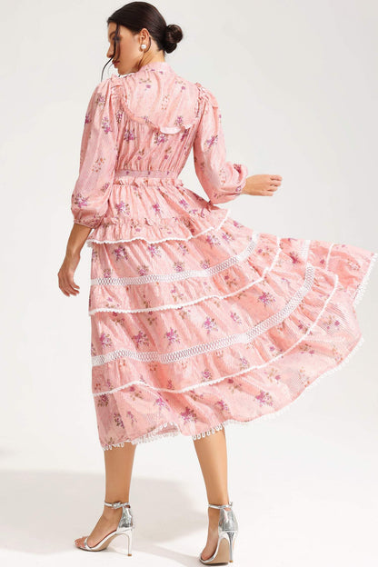 Floral Lantern Sleeve Buckle Midi Dress Pink