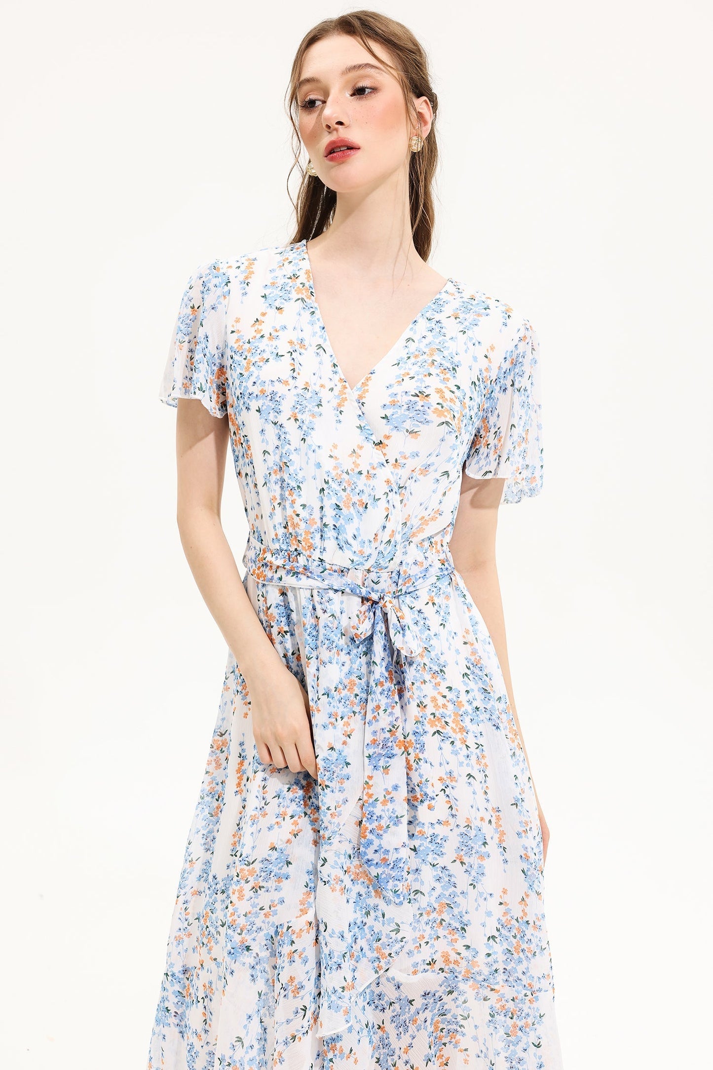 Floral V-Neck Short Sleeve Midi Dress Yellow