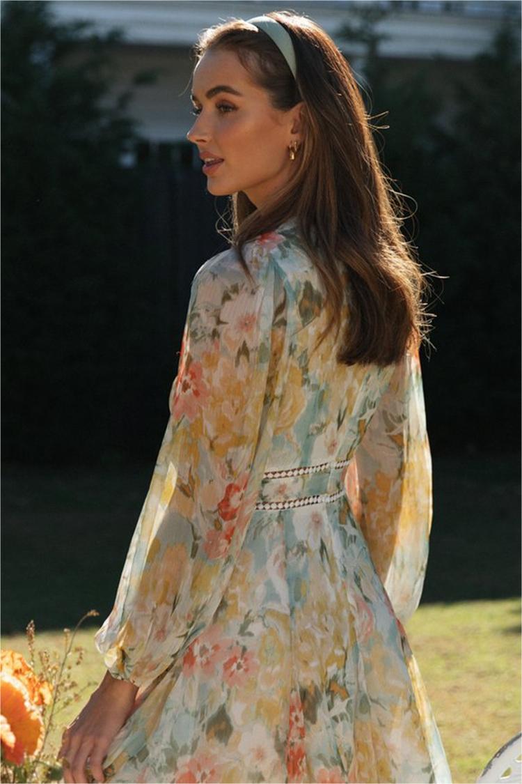 Floral V-Neck Long Sleeve Mini Dress