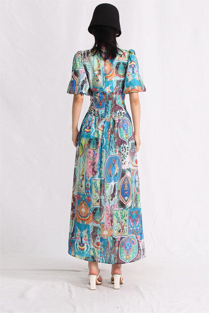 Printed Puff Sleeve V-Neck Buckle Maxi Dress