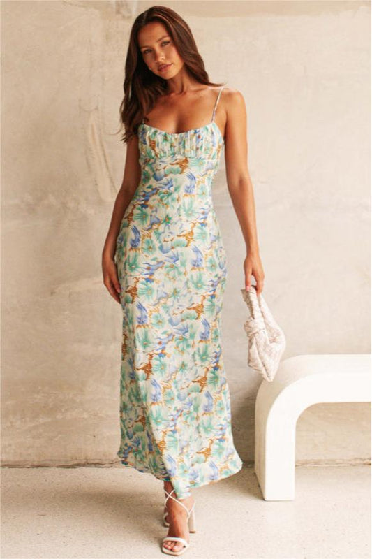Floral Backless Lace Up Maxi Dress