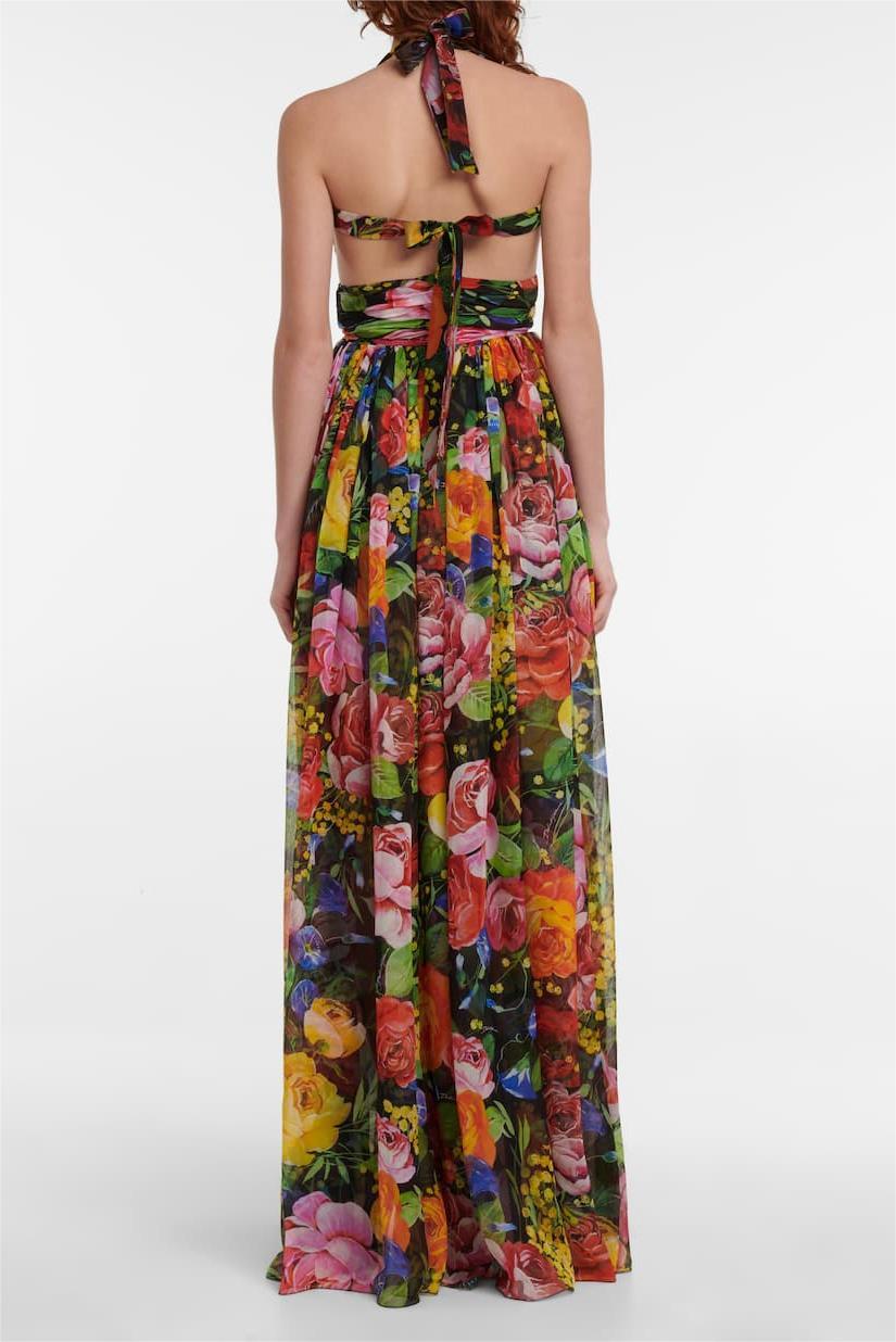 Floral Sleeveless Halterneck Cut-Out Lace Up Maxi Dress