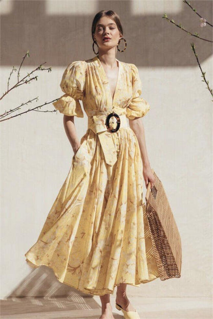 Chiffon Floral V-Neck Midi Dress With Belt