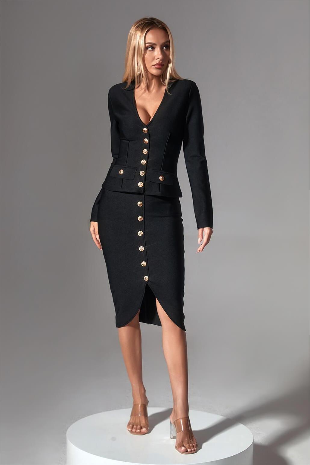 V-Neck Long Sleeve Single Breasted Blazer & Mid Waist Midi Skirt Set