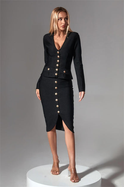 V-Neck Long Sleeve Single Breasted Blazer & Mid Waist Midi Skirt Set