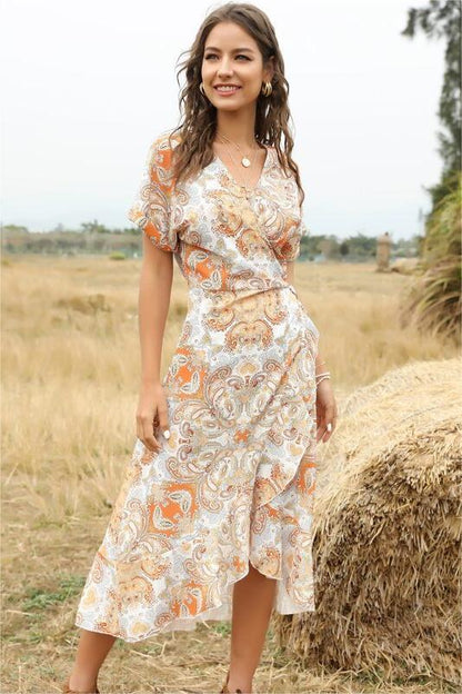 Printed V-Neck Ruffle Hem Lace Up Midi Dress