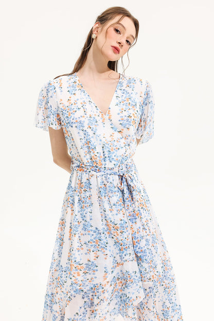 Floral V-Neck Short Sleeve Midi Dress Yellow