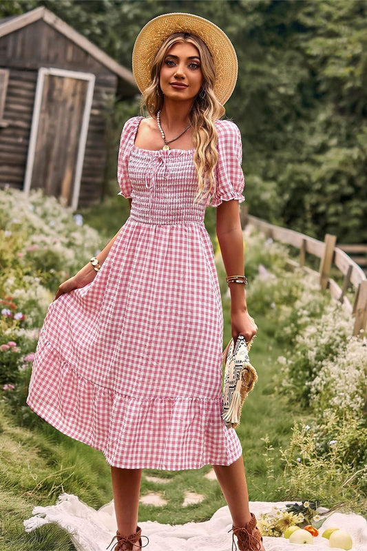 Plaid Square Collar Short Sleeve Midi Dress