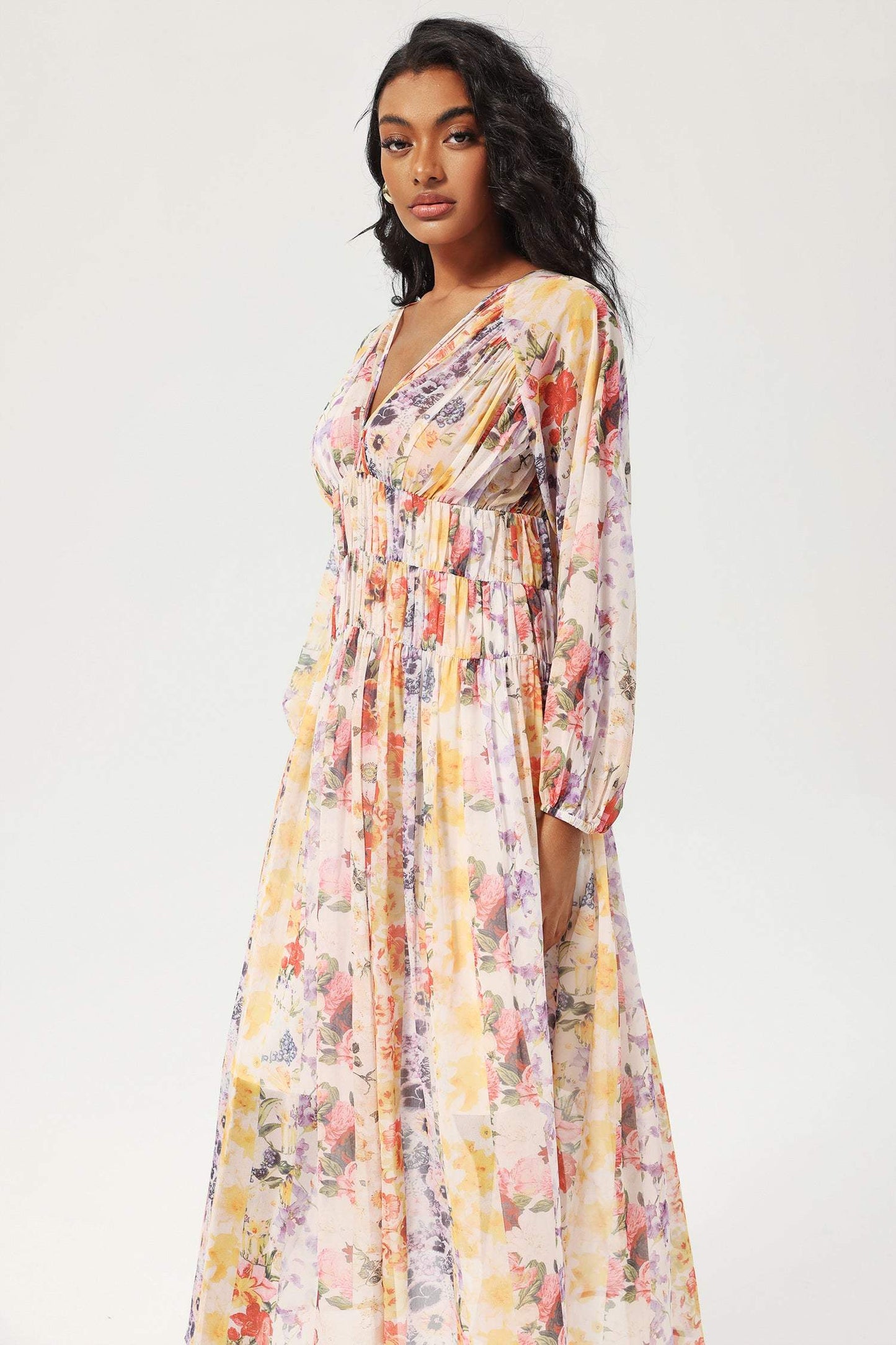 Floral V-Neck Lantern Sleeve Midi Dress