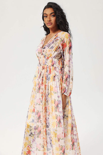 Floral V-Neck Lantern Sleeve Midi Dress