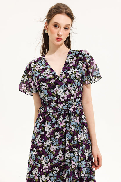 Floral V-Neck Short Sleeve Midi Dress Yellow