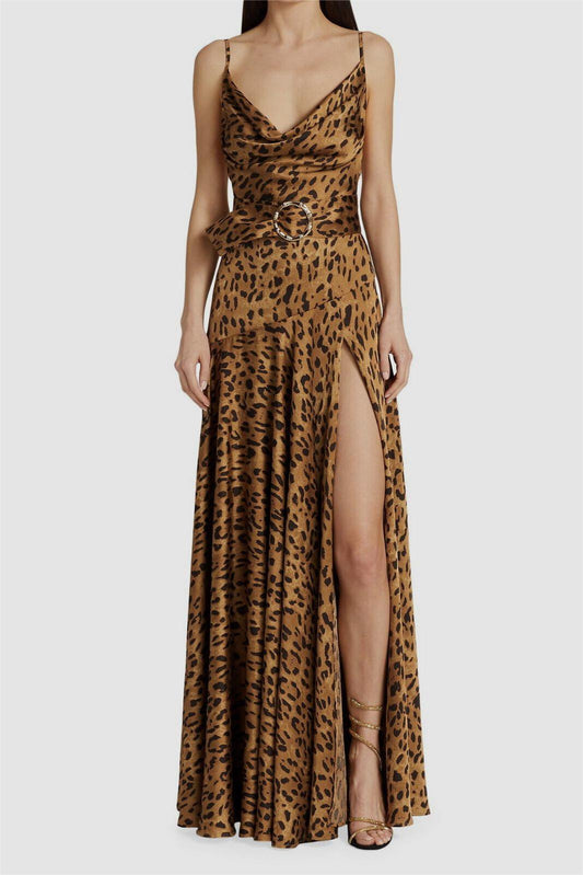 Leopard Print Swing Collar Split Maxi Dress