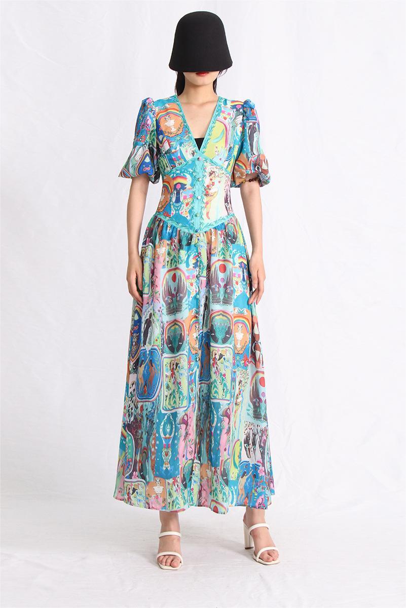 Printed Puff Sleeve V-Neck Buckle Maxi Dress