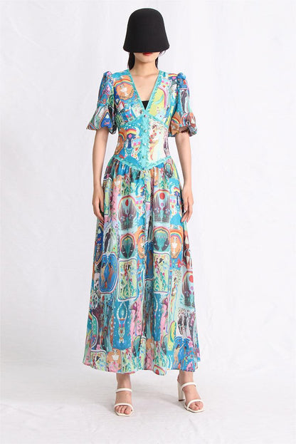 Printed Puff Sleeve V-Neck Buckle Maxi Dress