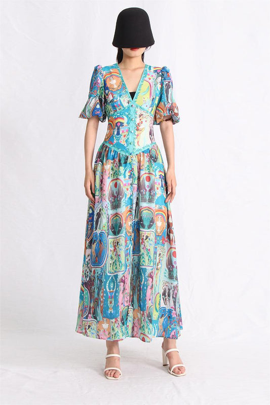 Printed Puff Sleeve V-Neck Buckle Maxi Dress