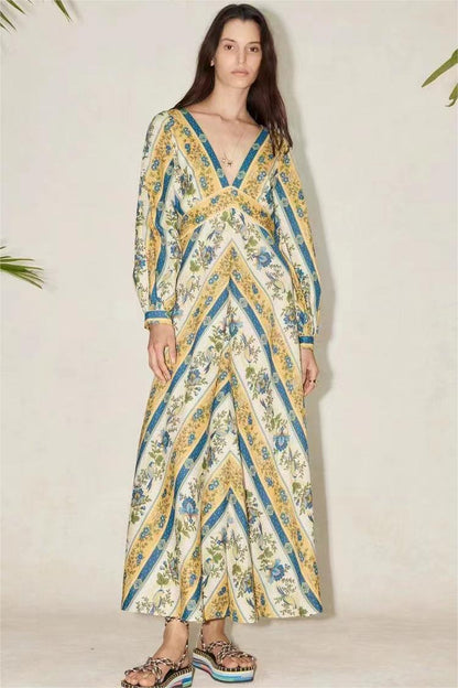 Floral V-Neck Long Sleeve Maxi Dress