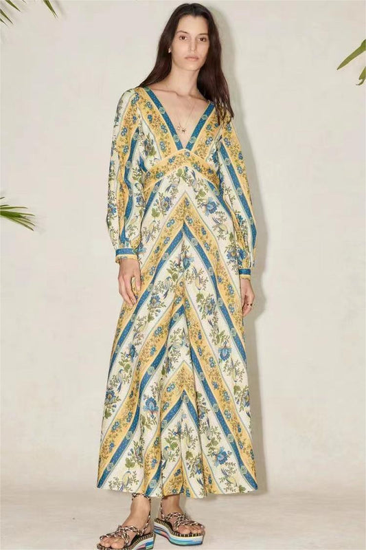 Floral V-Neck Long Sleeve Maxi Dress