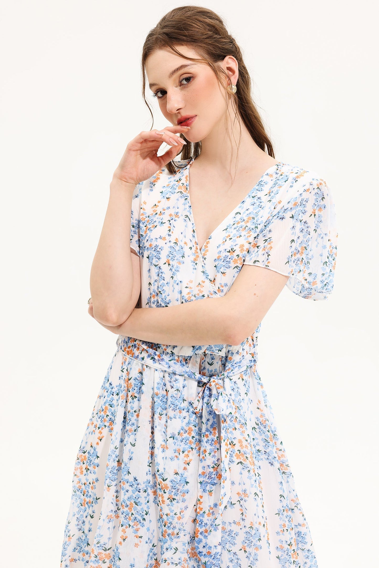 Floral V-Neck Short Sleeve Midi Dress Yellow
