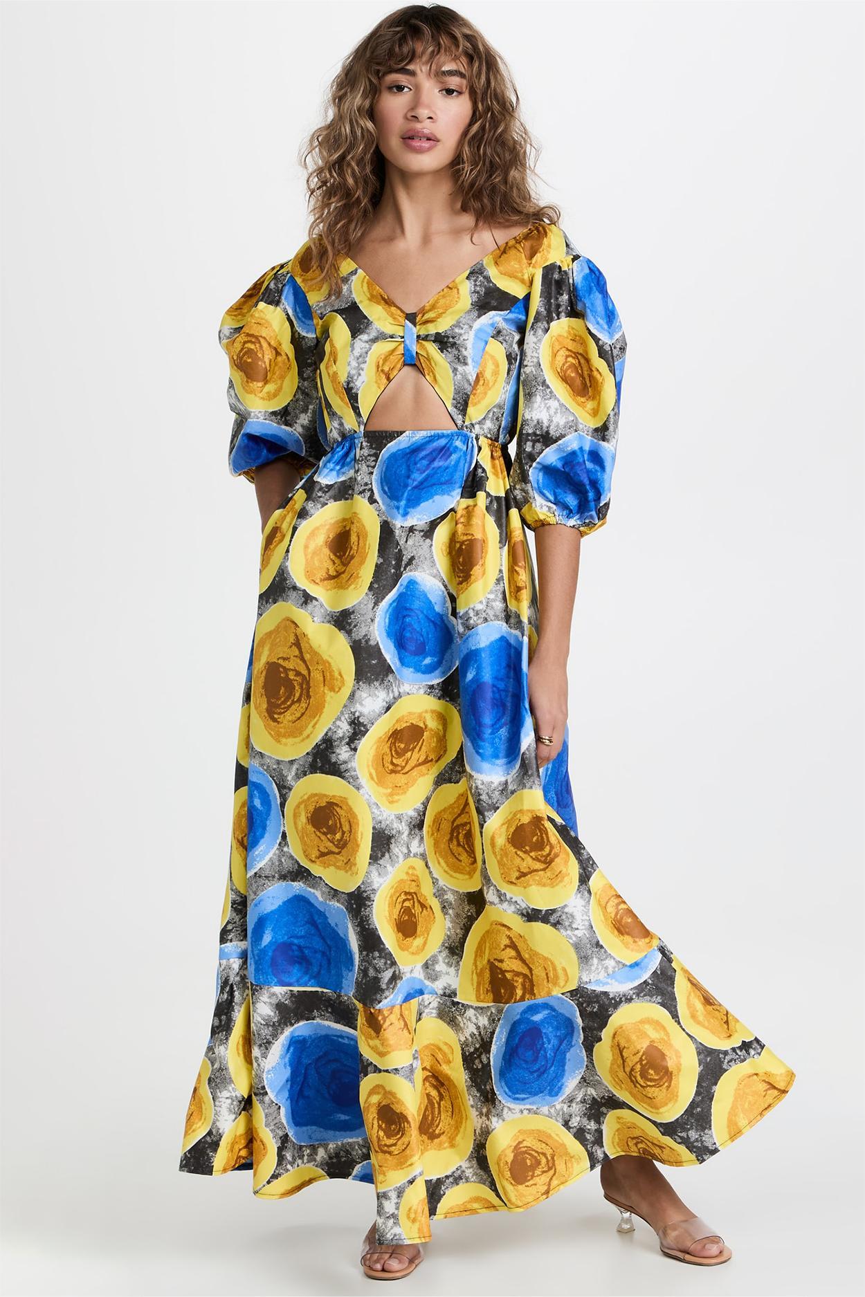 Floral V-Neck Puff Sleeve Cut-Out Midi Dress