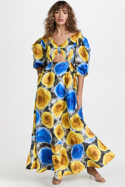 Floral V-Neck Puff Sleeve Cut-Out Midi Dress