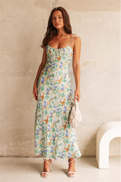 Floral Backless Lace Up Maxi Dress