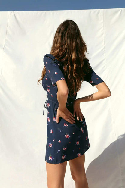 V-Neck Lace Up Wrapover Buckle Mini Dress