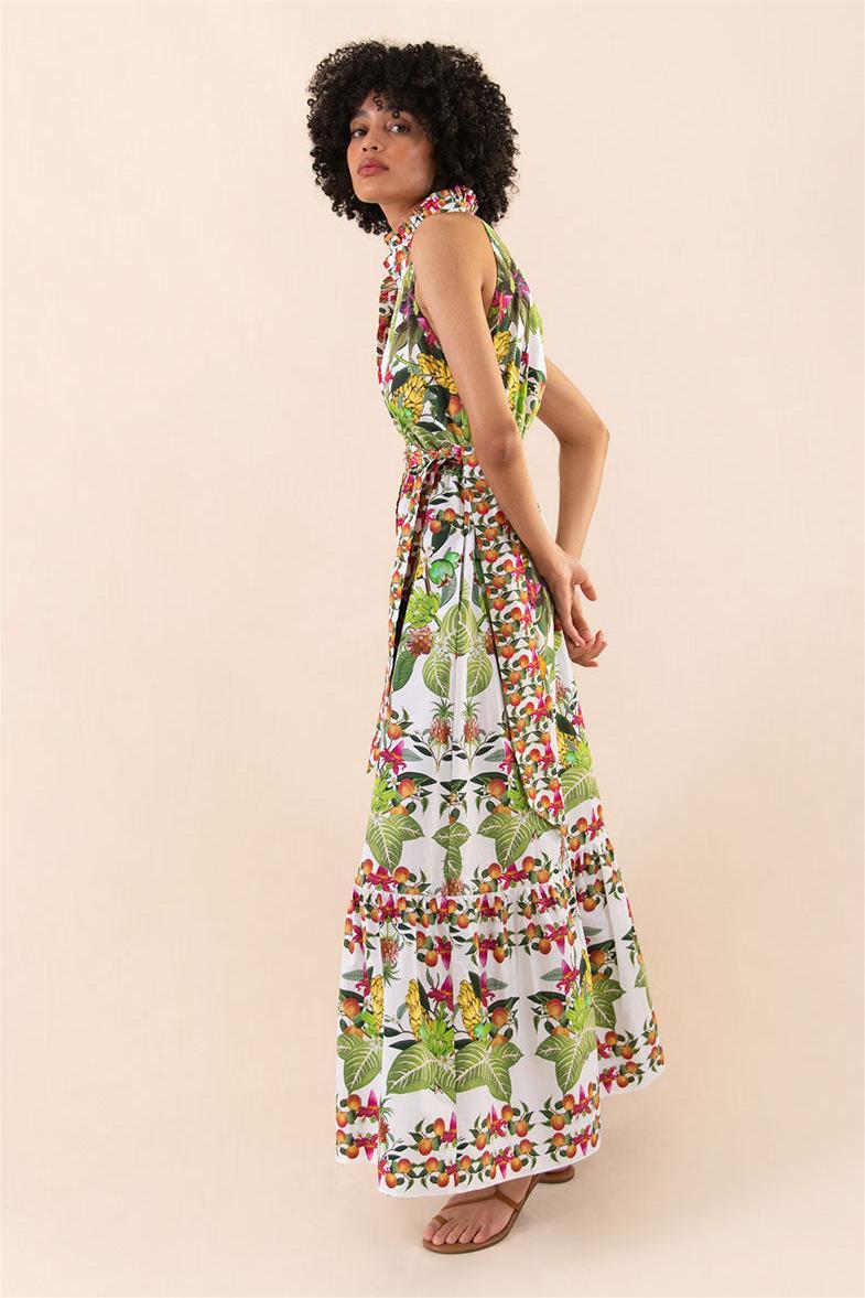 Botanical Halter Neck Button Sleeveless Maxi Dress