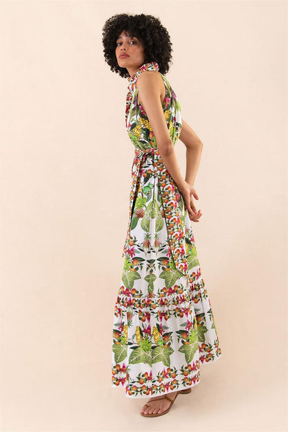 Botanical Halter Neck Button Sleeveless Maxi Dress