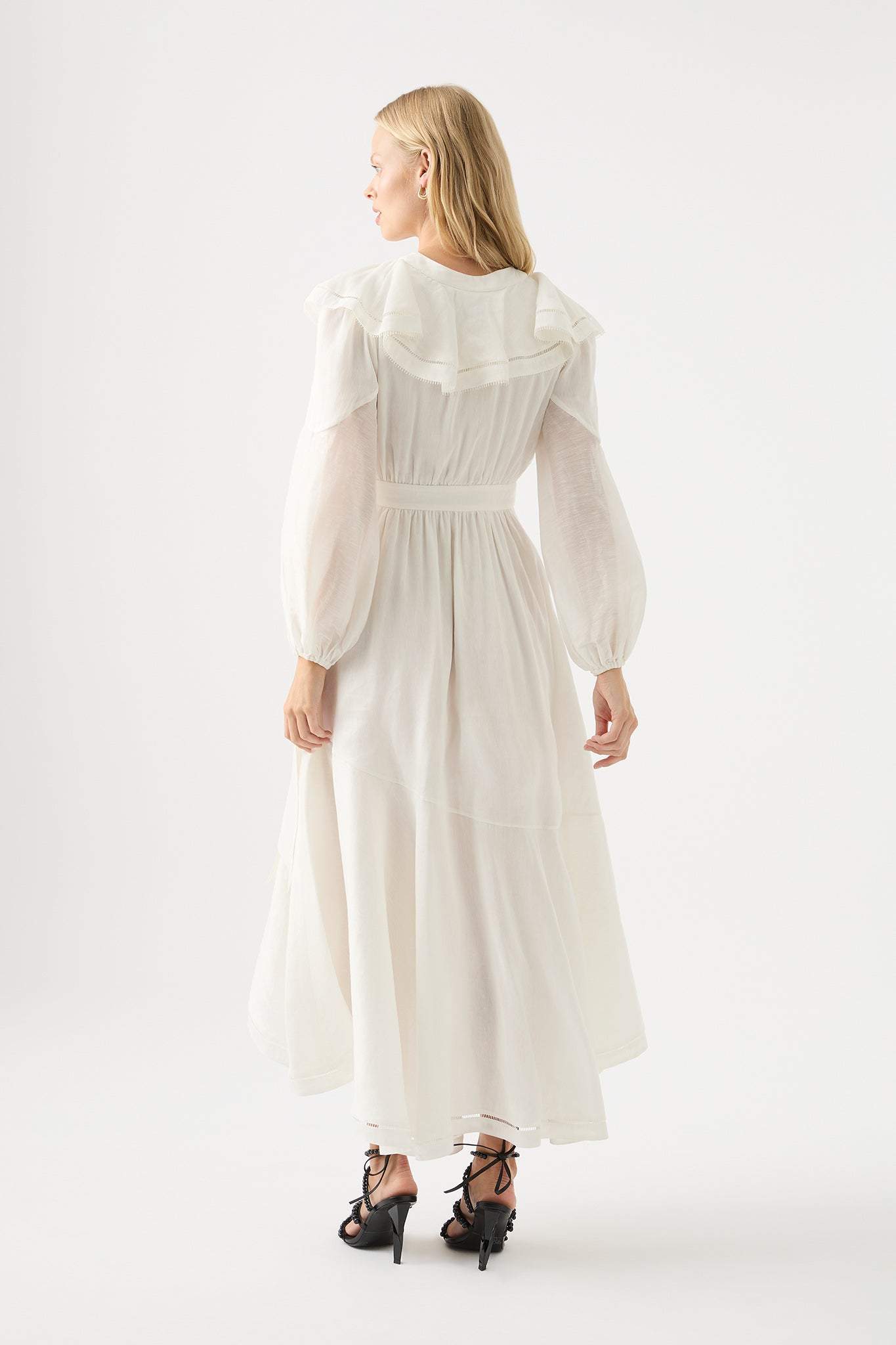 Long Sleeve V-Neck Asymmetric Ruffle Hem Midi Dress