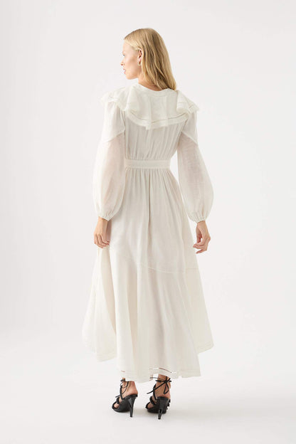 Long Sleeve V-Neck Asymmetric Ruffle Hem Midi Dress