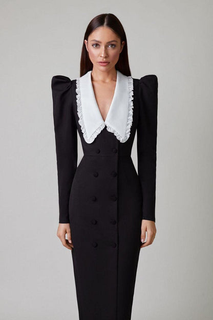 Ruffled Swallow Contrasting Collar Long Sleeve Split Midi Dress