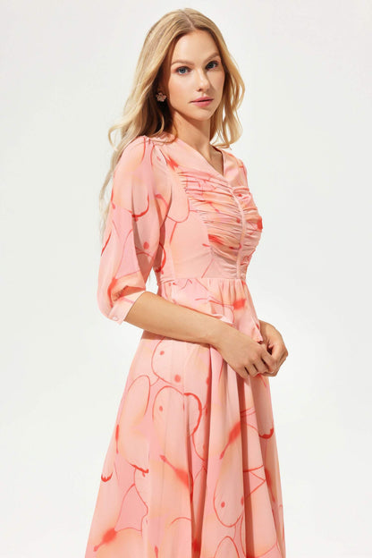 Printed Lantern Sleeve V-Neck Pleated Midi Dress